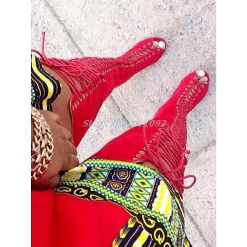 Hollow Lace Up Rome Boots Gladiator Woman Peep Toe Tied Up Thigh High Boots Summer Cut Outs Over The Knee Sandal Boots