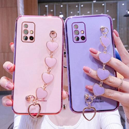Wrist Bracelet Phone Case For Samsung A71 Case Luxury Heart Chain Plating Cover For Samsung Galaxy A51 A31 A41 A32 A52 A72 Capa
