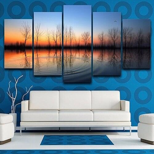 Decor for Living Room Modern 5 Pieces Hd Printing Pictures Sunset Lake Tree Wall Art Frameless Canvas Painting Home Posters