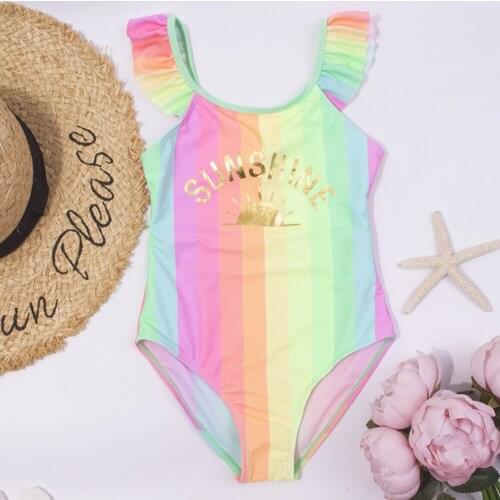 ChildrenS Fashionable Swimsuit Girl Alphabet Print Rainbow Stripe O-Neck Flying Sleeve Summer Swimsuit 3-8 Years Old