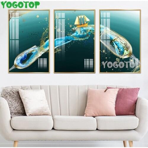 Porcelain Painting Wineglass Sailboat Diy Diamond Painting Art Cross Stitch 3 Piecs Diamond Embroidery Triptych Pictures ML1460