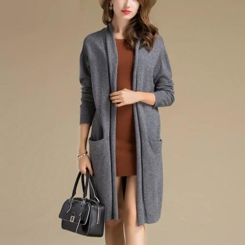 100%cashmere knit womens fashion long cardigan sweater coat autumn winter dark grey wine red black S-4XL