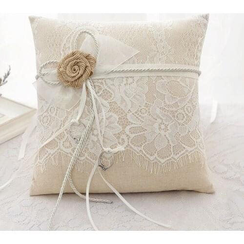 21x21cm Classic Creative Wedding Ring Pillow Lace Ribbon Hemp Rope Rose Cushions For Bridegroom and brideRomantic Wedding Decor