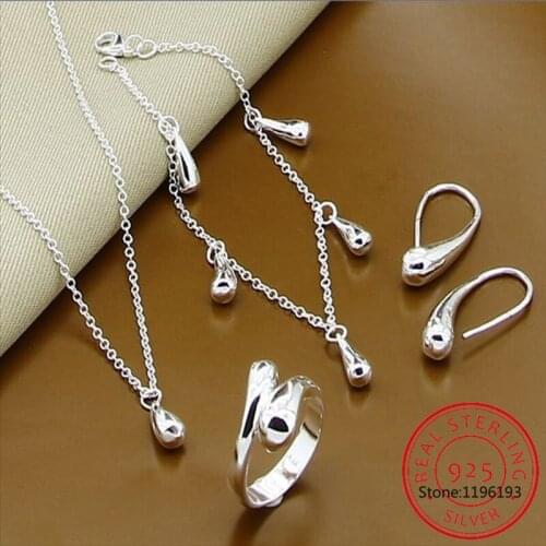 Jewelry Set 925 Sterling Silver Fashion Water Drop Small Necklace Bracelet Earrings Rings Sets for Woman Best Gift