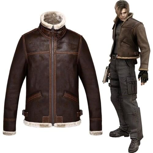 Leon Cosplay Scott Costumes Faux Fur Collar Faux Leather Jacket Mens Winter Brown Suede Jackets Fleece Warm Coats Male Outwear