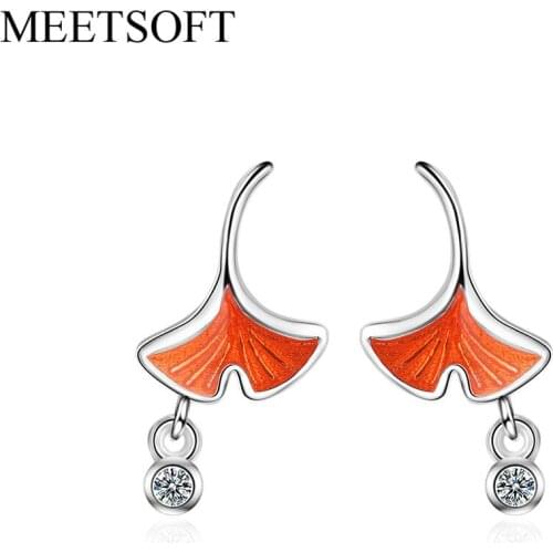MEETSOFT Silver Plated Prevent Allergy Fashion Drop Earrings for Women Single Crystal Orange Ginkgo Biloba Small Jewelry Gift