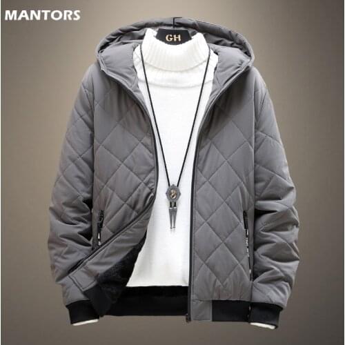 Diamond Pattern Cotton Coat Men Autumn Winter Warm Jacket Thick Fleece Windproof Coat Mens Outerwear Hooded Casual Clothes Men