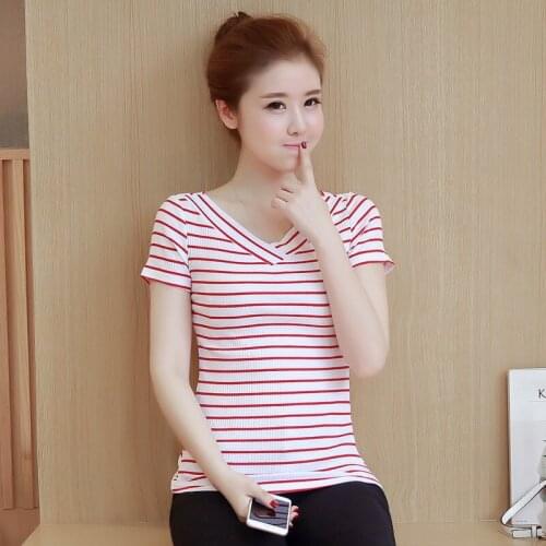 MRMT 2021 Brand New Womens T Shirt V Collar Pure Wide Stripe T-shirt for Female Short Sleeve T-shirt Female Tops Tshirt