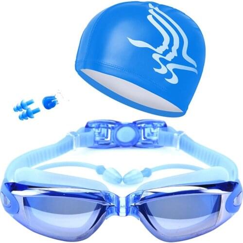 Swim Goggles with Hat Ear Plug Nose Clip Suit Waterproof Swim Glasses Anti-fog Swimming Suit Set