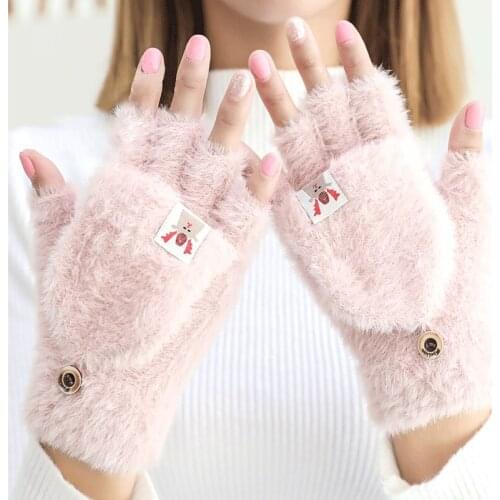 Autumn Winter Women Plus Velvet Flip Half-finger Gloves Antlers Outdoors Warm Thickening Half-finger Gloves Women Mittens