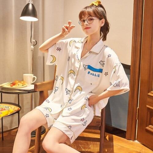 2021 New Summer Ice Silk Short-Sleeved Pajamas Womens Thin Cardigan Nightclothes V-neck Shorts Suit Cute Home Service Sleepwear