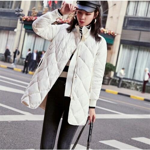 New Women Warm Thicken Down Jacket Autumn Winter Duck Down Jackets Parka Female Belt Stand Collar Midi Long Coat Outerwear A1524