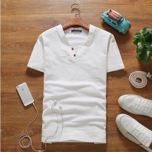 2021 Summer Vintage Mens Shirt Cotton Linen Loose Casual Solid V-Neck Short Sleeve Tops Harajuku Brand Blouse Large Size 5XL
