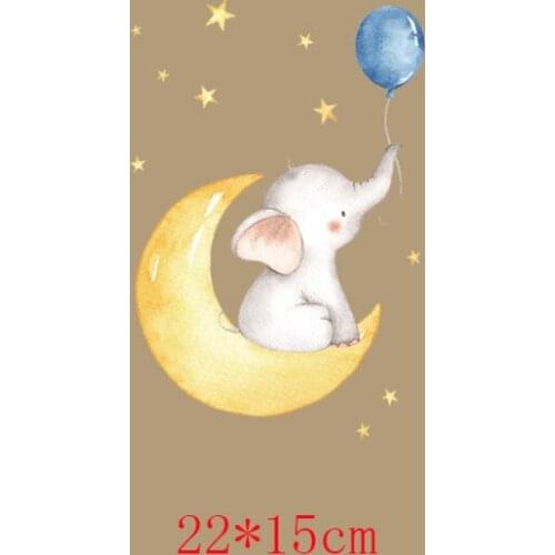 Cute Animal Elephant On Moon Iron on Patches Children Clothing Application Decor Heat Transfer Stickers DIY T-shirt Badges Print