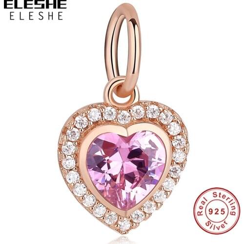 Rose Gold Heart Shining Crystal Beads Fit Charm Bracelet 925 Sterling Silver Charms Beads DIY Women Jewelry Gift