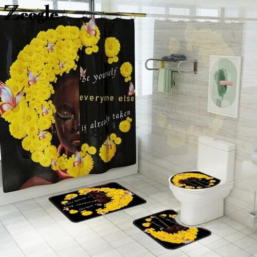 Printed Floral Shower Curtain with Bath Mat Set Non Slip Toilet Seat Cover Mat Absorbent Bathroom Carpet Flannel Bath Foot Mat