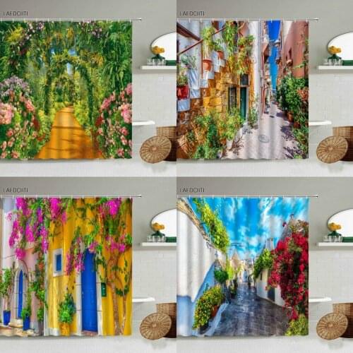 Flowers Street Scenery Shower Curtain Country Retro Arched Garden Natural Green Plants Vines Landscape Bathroom With Hook Screen