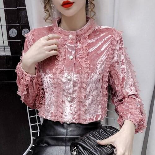 Retro Gold Velvet Bottoming Blouse Women 2021 Autumn Winter New Fashion Long Sleeve Lace Top Button Gauze Stitching Shirt X478
