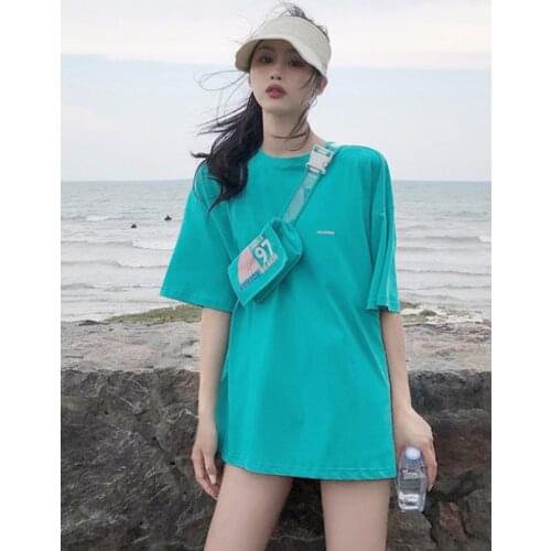 Medium Length T-shirt Womens Spring And Summer 2021 New Loose Bf Versatile Solid Color Hong Kong Korean Chic Short Sleeve Top
