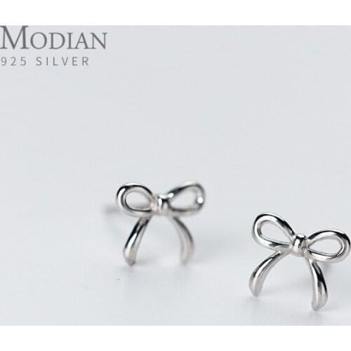 Modian 2021 New Tiny Simple Bowknot Stud Earrings for Women Girls Kid 925 Sterling Silver Jewelry Korean Style Accessories Gifts