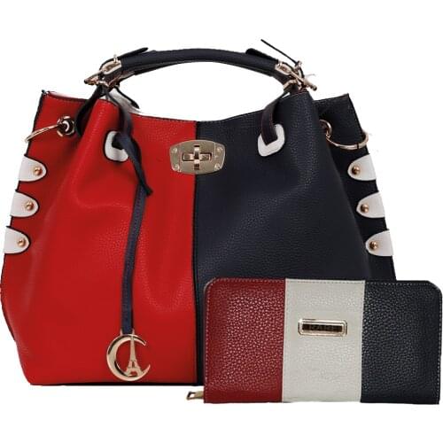 2IN1 Women Totebag and Wallet Combin Team Large Size Luxury Brand Hight Quality Dark Blue White Red 4 Season Made in Turkey
