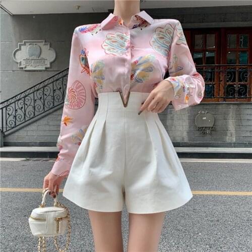 New Korean Style Women Fall Suits Fashion Loose Thin Casual Long Sleeve Shirt Blouse + High Waist Wide Leg Shorts Two Piece Set
