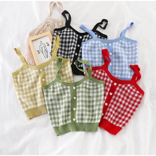 HELIAR Women Candy Crop Tops Female Button Up Knitted Plaid Straps Streetwear Camisole Cute Tank Tops For Women 2021 Summer