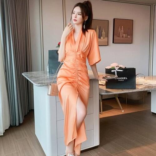 Fashion Korean Vintage Butterfly Sleeve V-Neck Midi Party Club Dress Ladies OL Elegant Robe Casual Folds Satin Split Beach Dress