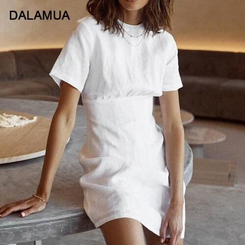 Women Dress Cotton Linen Summer 2021 Casual Solid Black White Office Ladies High Waist O-Neck Zipper Fashion Female Mini Dresses