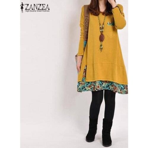 2021 Autumn Women Casual Vintage Dress Ladies Leisure Loose Floral Hem O Neck Long Sleeve Cotton Bottoming Dress Plus Size M-XXL