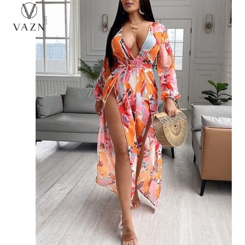 VAZN 2021 Autumn Print Chiffon Spit Sweet Long Dress V-Neck Full Sleeve Holiday High-end High Waist Women For Evening Robe