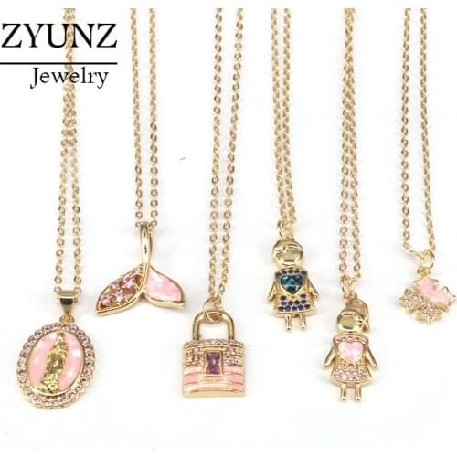 10PCS, Micro Pave CZ Shell Gold Color Shark Tail/Lock/Jesus Pendant Necklace Fashion Jewelry Womens Zirconia Jewelry