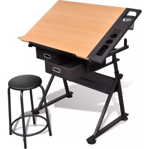 Vidaxl Two Drawers Tiltable Suitable For Draftsmen Adjustable Tabletop Drawing Table With Stool Creative Gift For Children