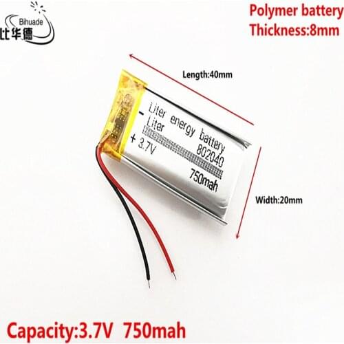 3.7V,750mAH 802040 Polymer lithium ion / Li-ion battery for tablet pc BANK,GPS,mp3,mp4