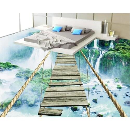 Custom 3D wallpaper landscape waterfall rope rope wooden bridge floor self - adhesive waterproof bathroom 3d flooring Beibehang