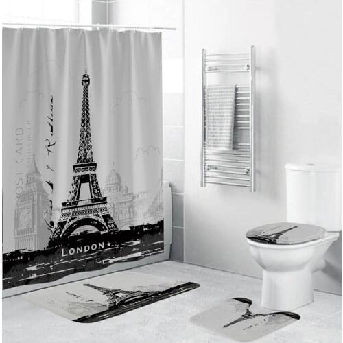 3D Paris Landscape Eiffel Tower Print Shower Curtain Waterproof Bathroom Curtains Set With Non-Slip Rugs Toilet Lid Cover Mat