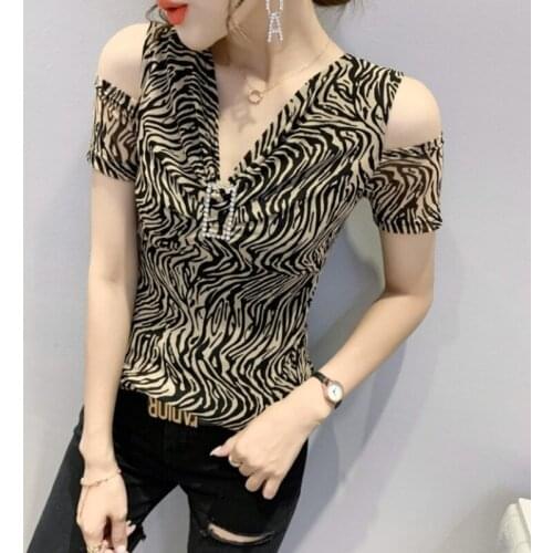 #6226 Summer Leopard T Shirt V Neck Sexy Wrap T Shirt Female Casual Vintage Skinny Off Shoulder T Shirt For Women Slim Mesh Top
