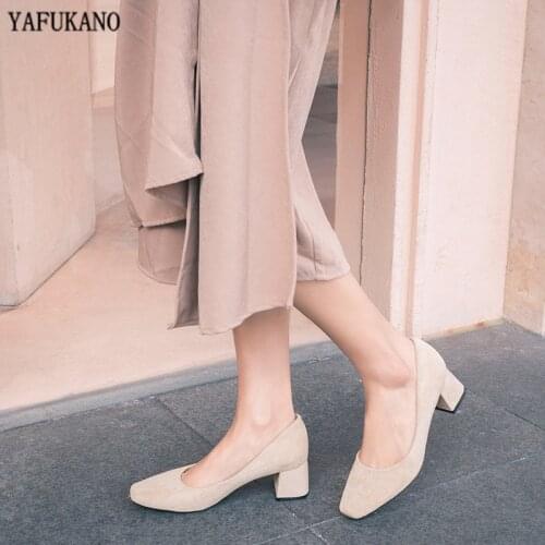 Plus Small Big Size Womens Square High Heels 31-43 Fashion Flock Square Toe Work Shoes 2020 New Brand Design Mid Heel Nude Pumps