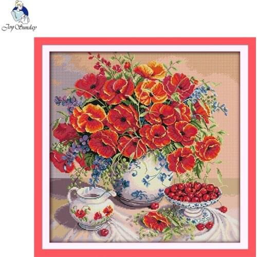 Joy sunday still life style Poppy and cherry counted cross stitch dog patterns kits online store for handcratf embroidery