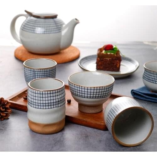 Japanese Style Ceramic Retro Soup Cup Coarse Pottery Hand Painted Lattice Pattern Teacup Creative Coffee Wine Mug Drinkware