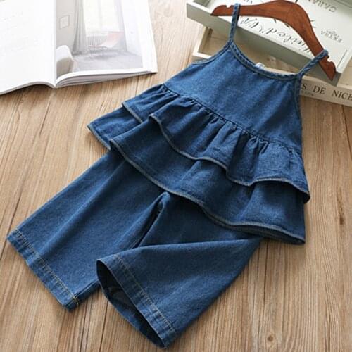 2pcs Baby Fashion Clothing Sets Toddler Baby Kids Girls Denim Strap Ruffles Tops Solid Jeans Casual Outfits Set Ropa Bebe Best