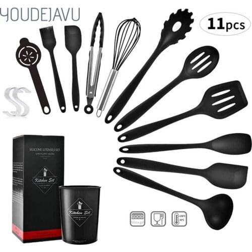11PCS Silicone Cooking Utensils Set Non-stick Spatula Soup Spoon Eggbeater Food Clip Wooden Handle with Storage Box Kitchen Tool
