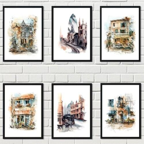 Watercolor City Street Shop Bike Landscape Wall Art Canvas Painting Nordic Posters And Prints Wall Picture For Living Room Decor