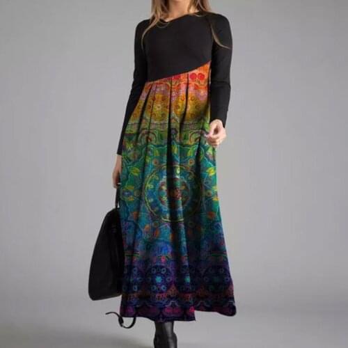 2020 new Women Autumn Winter Long Sleeve Digital Print Patchwork Large Hem Maxi Dress for Women Ethnic Style drop shipping