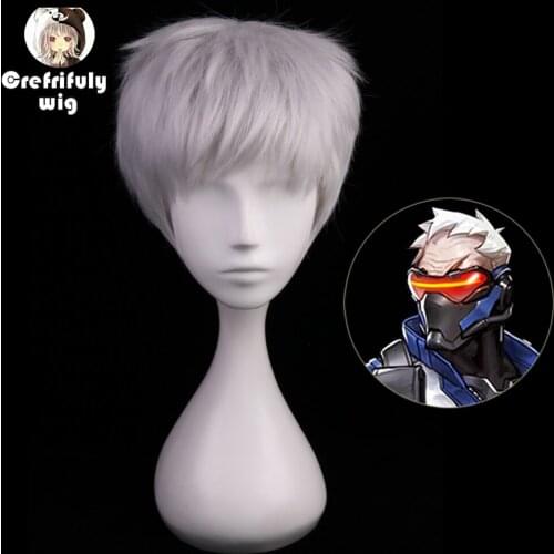 New Arrival Game Anime Cosplay Wig Short Straight Synthetic Hair Overwatch Soldier 76 Boy Costume Party Silver Grey Wigs For Men