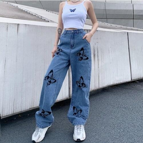 New Womens Loose High Waist Butterfly Print Straight Casual Denim Pants