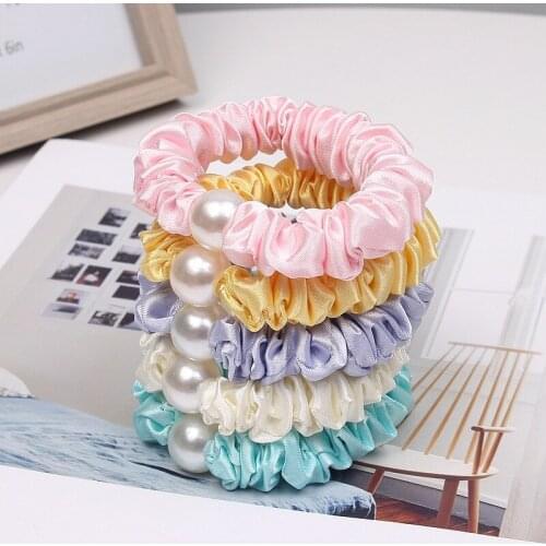 5 Pcs/set Summer New Large Intestine Ring Hair Rope Satin Pearl Head Rope Girl Headdress Hair Tie Rope Accessories Wholesale