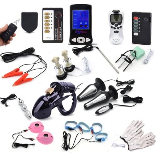 Electric Shock Penis Plug Rings Pulse Anal Plug Glove Stimulation Breast Pads Massage Nipple Clamp Cock Cage Sex Toys For Couple