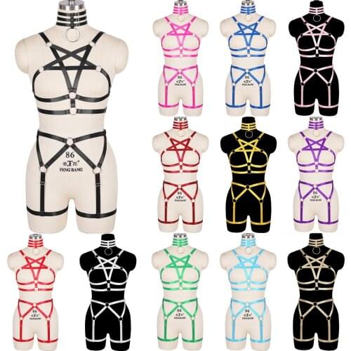 Pentagonal Goth Women Bdsm Collar Harness Bondage Suspender Slim Body Binding Strappy Erotic Hollow Out Adjust Exotic Lingerie
