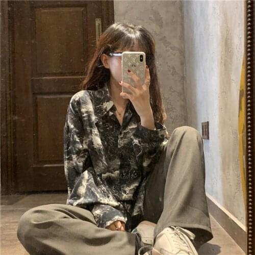 Retro Hong Kong Style Chic Street Handsome Marbling Irregular Ink Printing Niche Design Long Sleeve Shirt